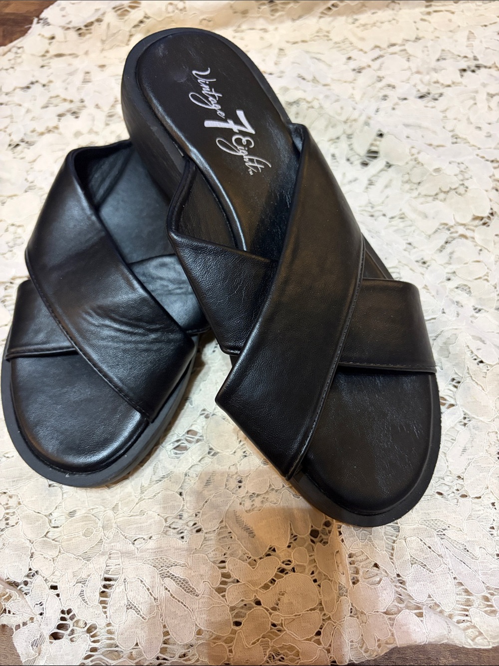 Vintage 7 Eight Black Crisscross Slide Sandals
